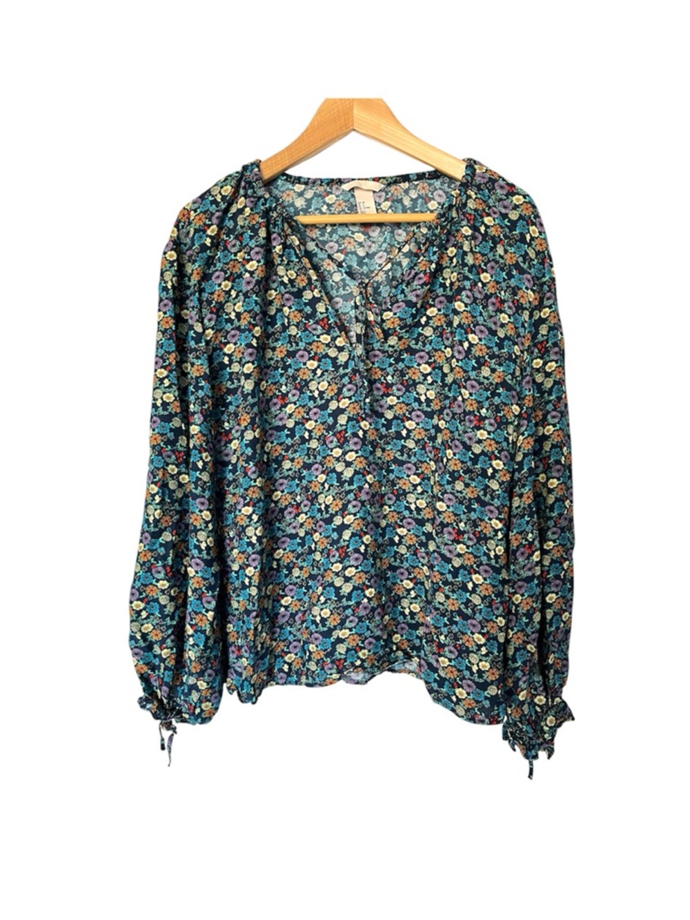 H&M Teal Floral Peasant Blouse with Mixed Pastel Flowers